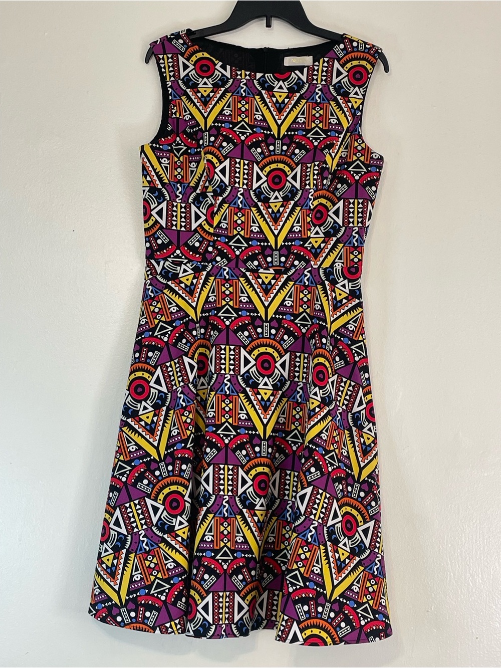 Geometric Print Fit-n-Flare Midi Dress, sleeveless in Black Pink & Yellow Size L